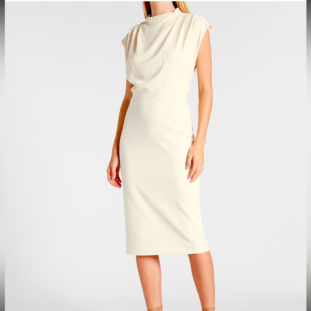 Draped Mock Neck Midi Sheath Dress  size small
